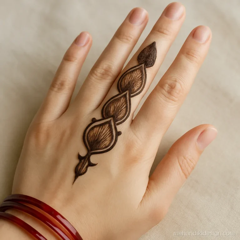 Arabic finger mehandi design with shaded petals stacked on one finger