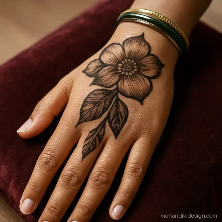 Arabic finger mehandi with a shaded flower on the thumb