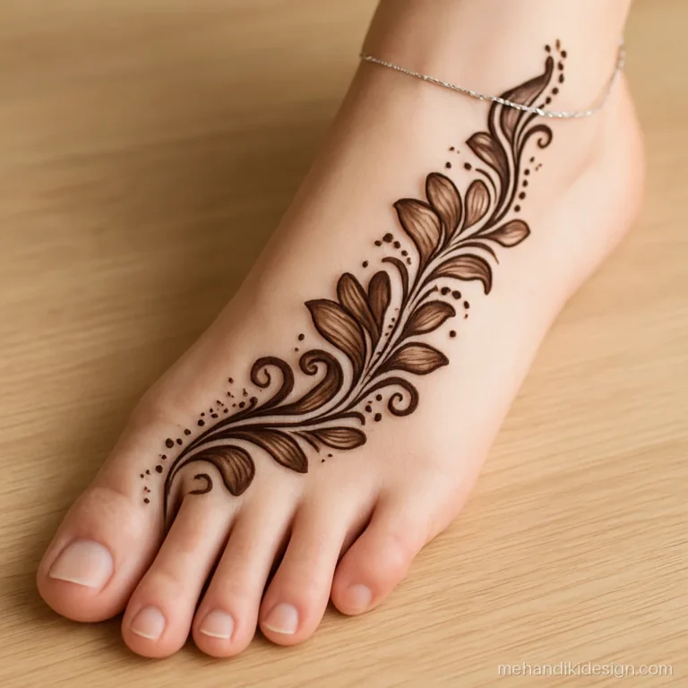 Arabic foot mehandi design with a diagonal flow of petals and dots