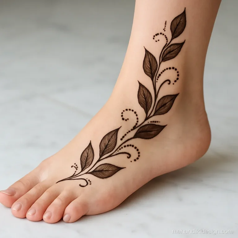 Arabic leg mehandi with leaf shading from the toes to above the ankle