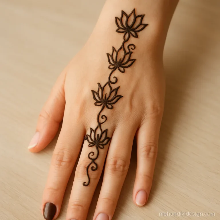 Arabic mehandi on back hand with a chain of lotuses and swirl fillers