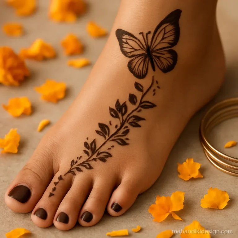 Arabic mehandi design pair ki with a butterfly and petal trail