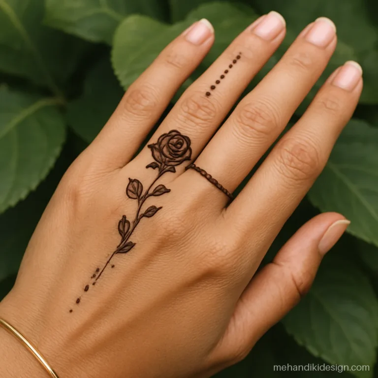 Arabic mehandi with a rose on the ring finger and band like a ring
