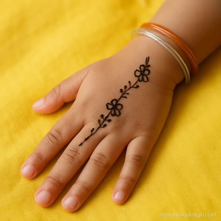Arabic mehandi for kids with a tiny flower trail on a small child's hand