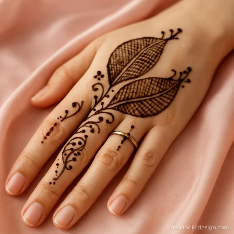 Arabic mehandi ki design with big mango leaves and net fill on the back hand