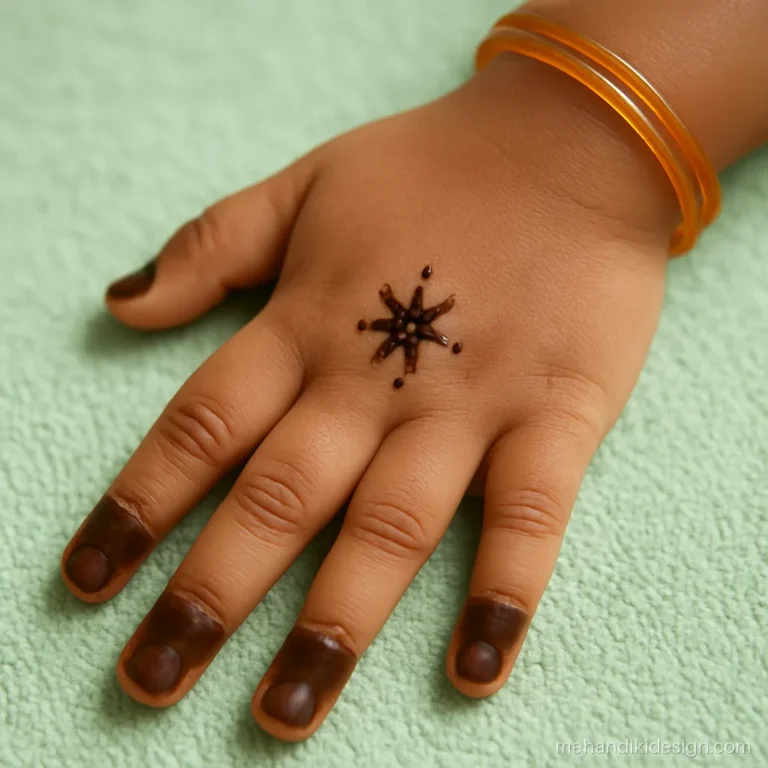 Arabic mehandi for kids with filled finger tips and a tiny star on the hand