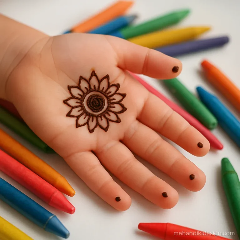 Arabic mehandi for kids with a sunflower in the palm and dotted fingers