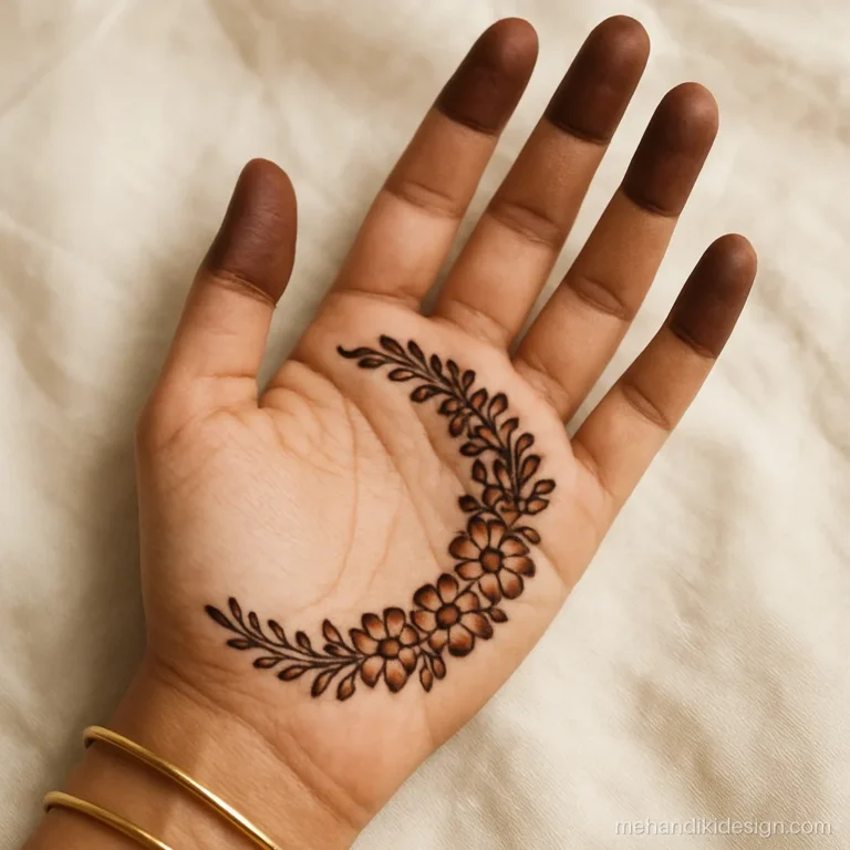 Arabic mehandi on the palm with a crescent of flowers and open centre