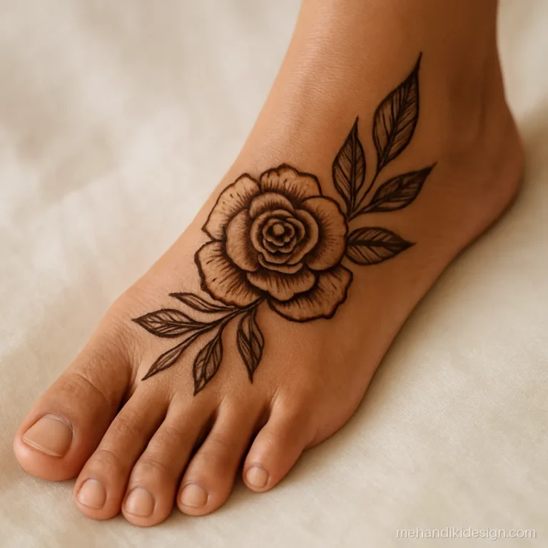 Arabic pair ka mehandi design with a shaded rose and long leaves
