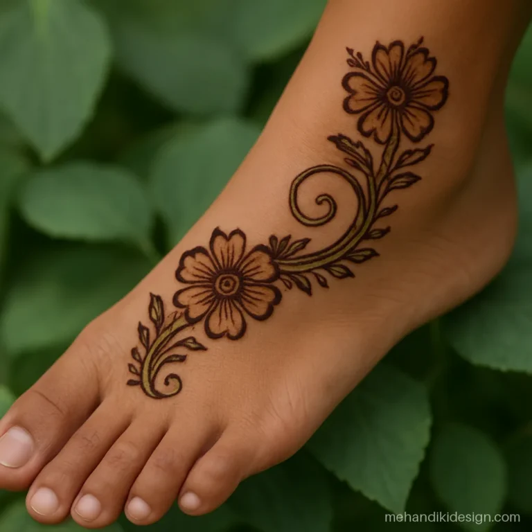 Arabic pairon ki mehandi ki design with twin flowers and a swirl