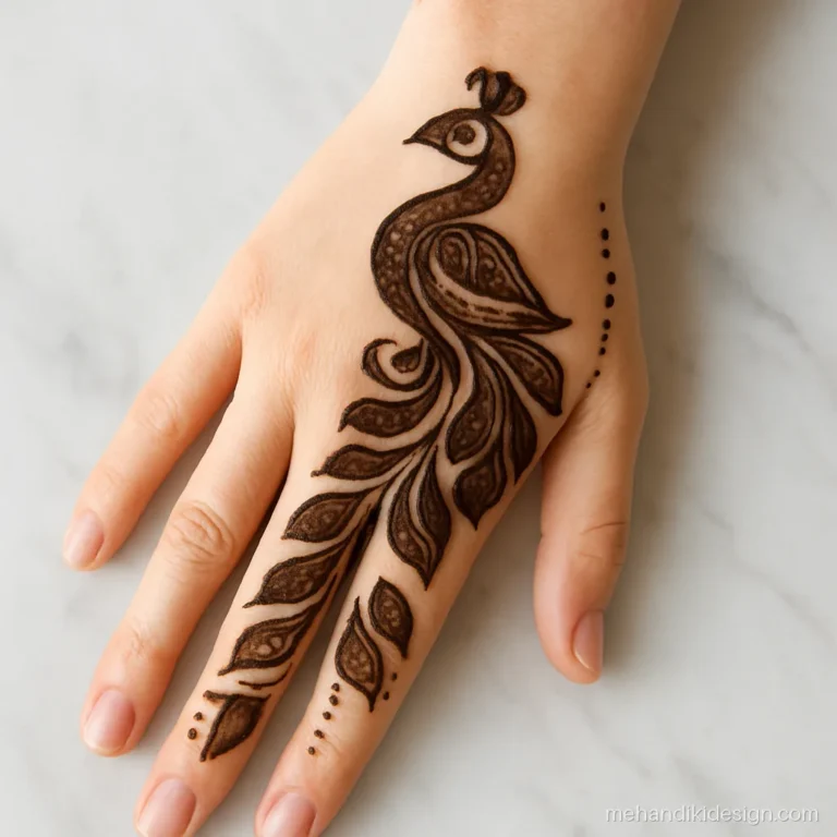 Arabic peacock mehandi design with a bold shaded tail trail