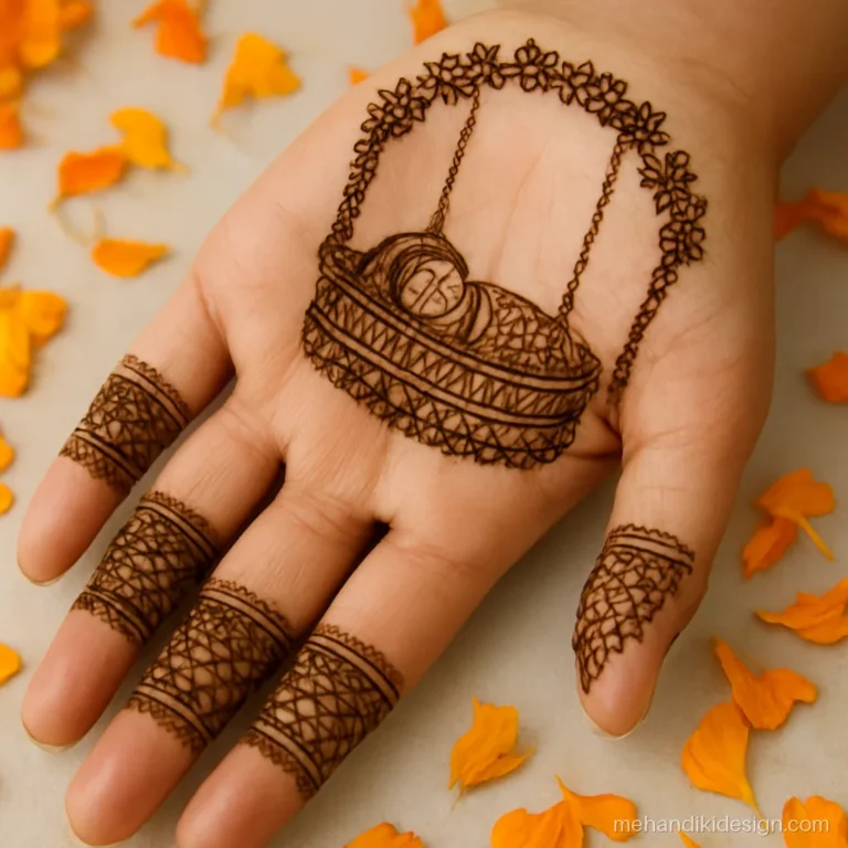 Wooden baby cradle jhula mehandi design hanging from a floral arch on the palm