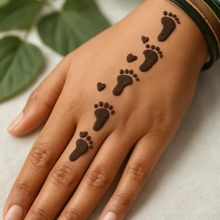 Tiny baby footprints walking across the back of the hand in mehandi
