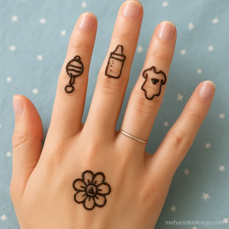 Baby rattle, milk bottle and onesie mehandi motifs on three fingers