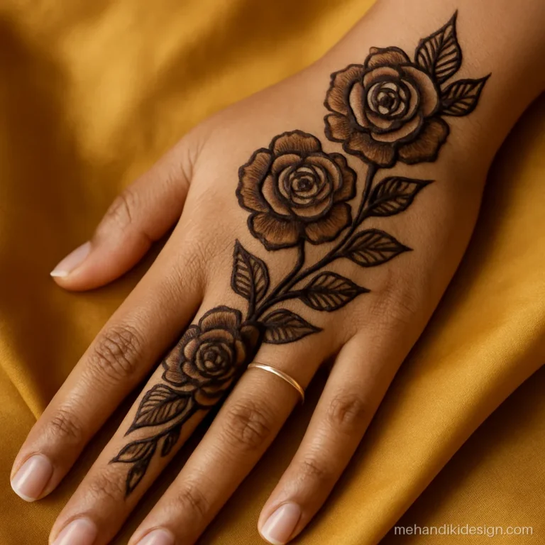 Back hand Arabic mehandi with a bold rose trail and shaded leaves to wrist