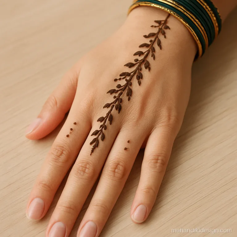 Simple mehandi design back hand with a dotted zigzag bel
