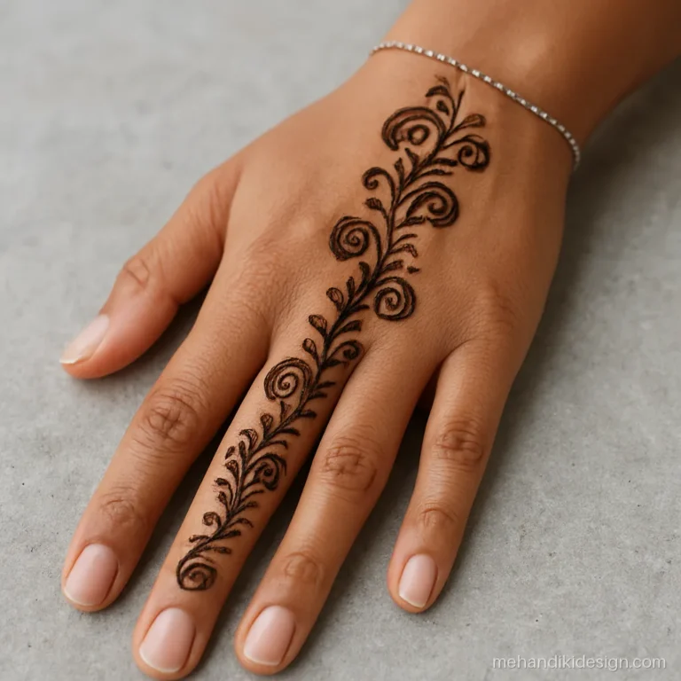 Mehandi designs back hand with a paisley vine down the middle finger