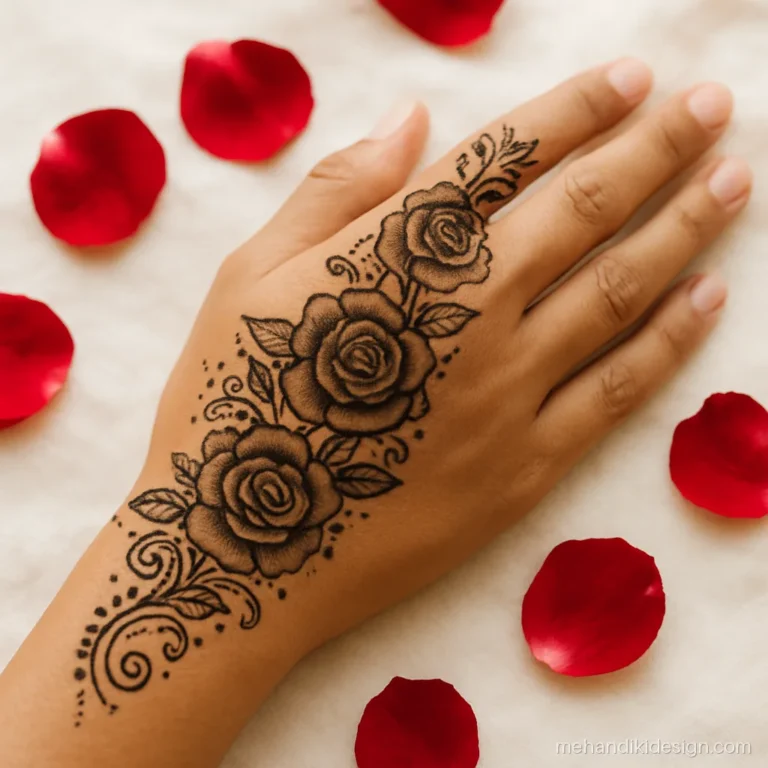 Back hand bel mehandi with heavy roses and leaves for weddings