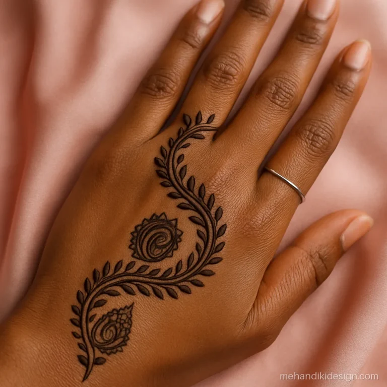 Back hand bel mehandi in an S curve with paisleys