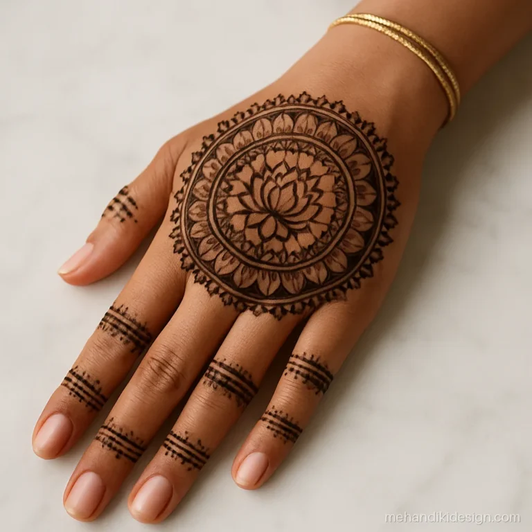Back hand mandala mehandi design with a large mandala and lace on the fingers