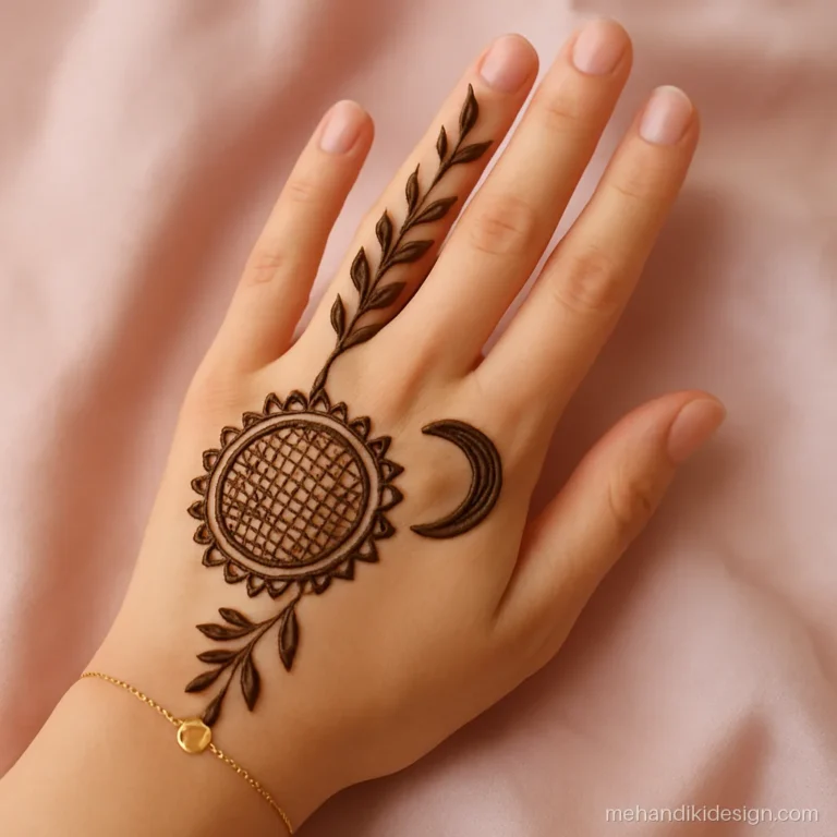 Back hand mehandi design image with a chand-chalni motif and bel fingers