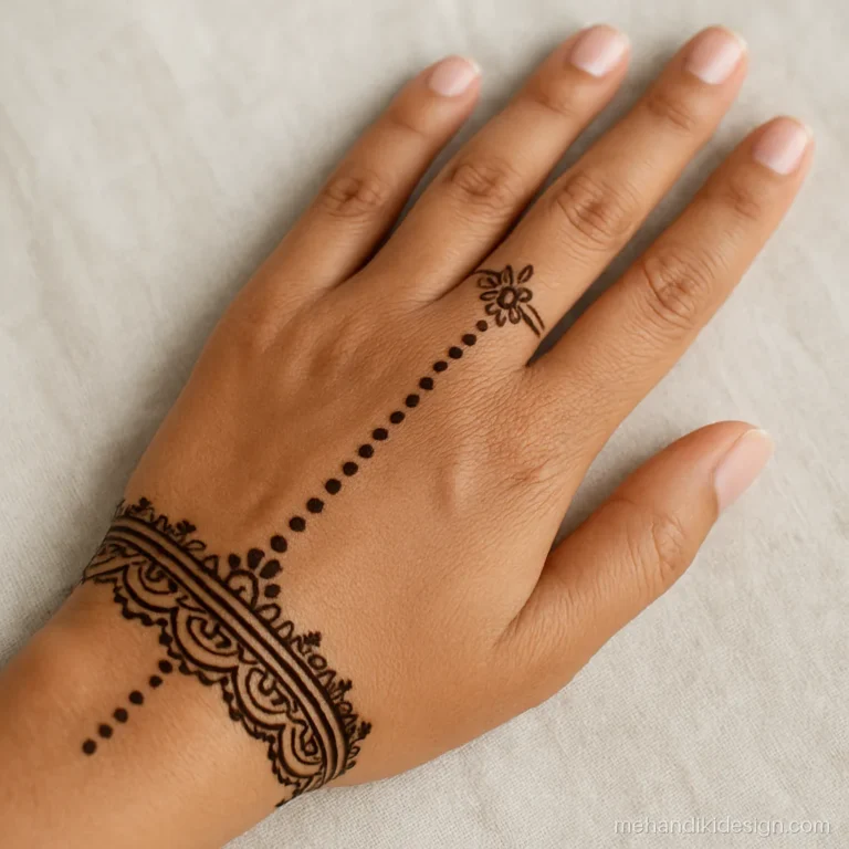 Mehandi photos of a wrist cuff with a chain linking to a ring finger design