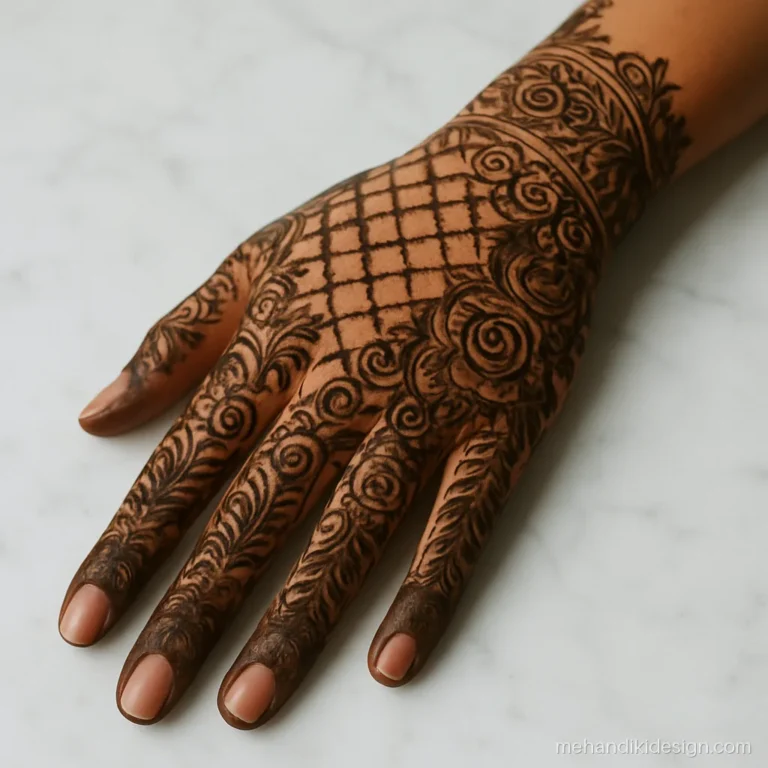 Mehandi ke photo of a heavy filled back hand with checks and florals