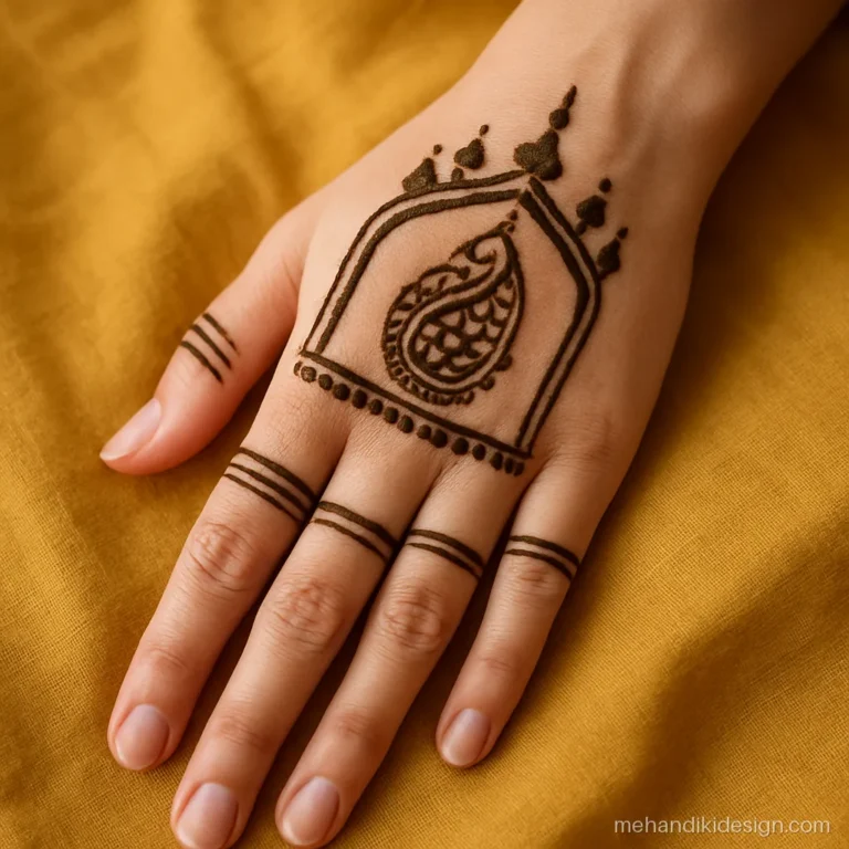 Back hand mehandi photo showing a Mughal arch frame with paisley inside