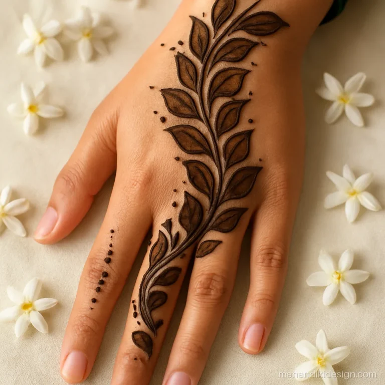 Back hand mehandi design pic with bold shaded Arabic leaves