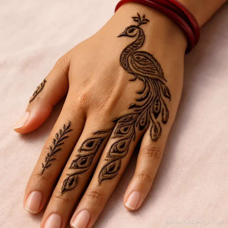 Back hand peacock mehandi design with the long tail flowing down to the wrist