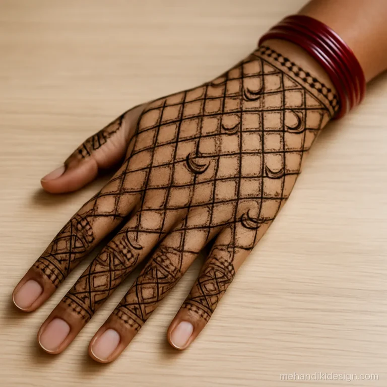 Back hand karva chauth mehandi with a chalni and jaal net up to the fingers