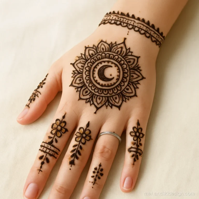 Back karva chauth mehandi design with a moon mandala and floral fingers