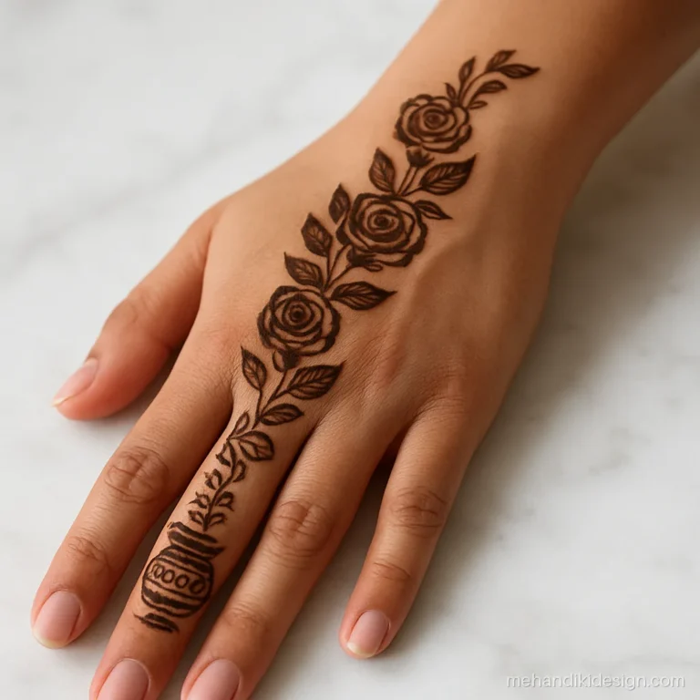 Back karva chauth mehandi design with a diagonal trail ending in a karwa