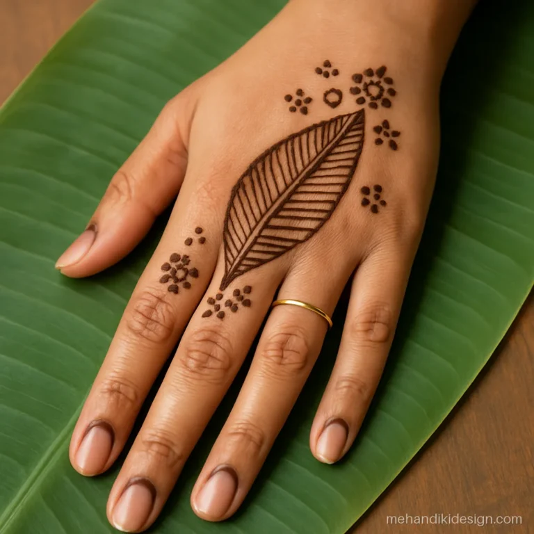 Onam mehandi with a banana leaf motif, small flowers and dots on the palm