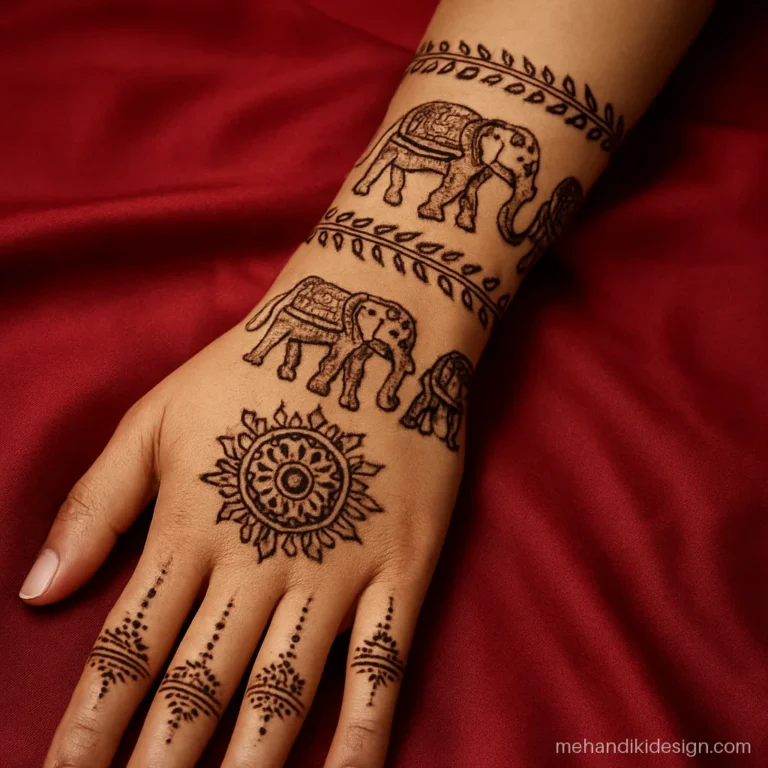 Bridal mehandi with a baraat elephant procession along the forearm