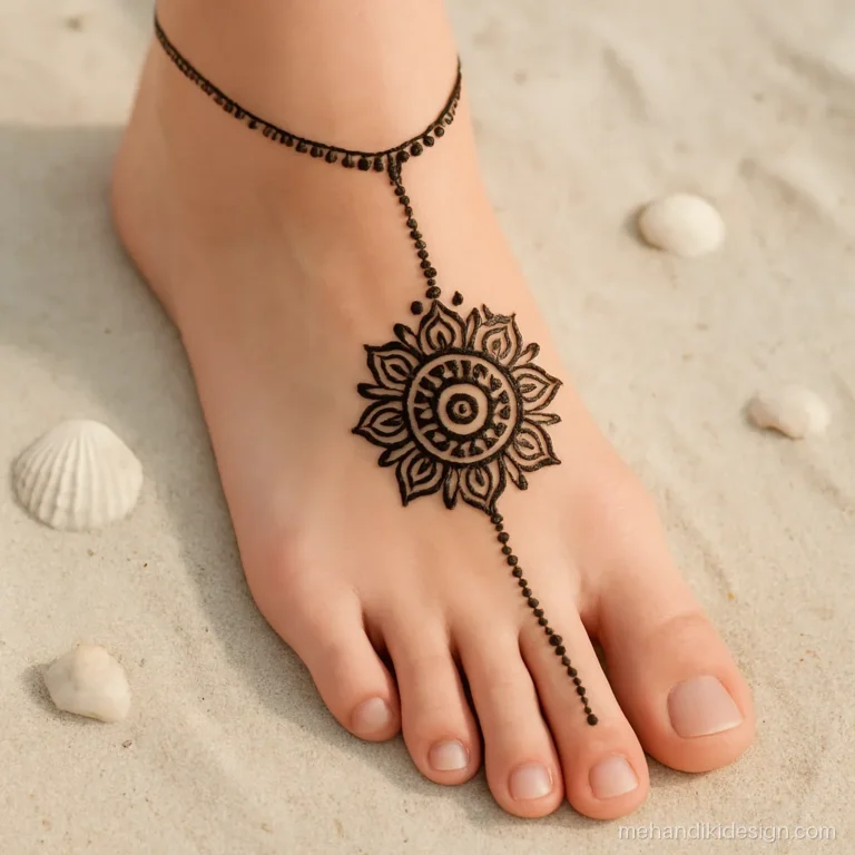 Pair ki mehandi ki design shaped like a barefoot sandal with a centre medallion