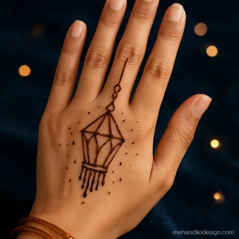 Beautiful mehendi design with a hanging Diwali lantern and tassels on the back hand