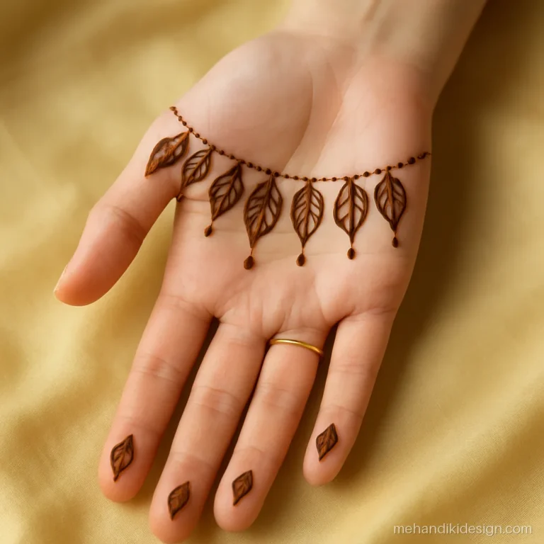 Beautiful mehndi design with a mango leaf toran hanging across the finger bases