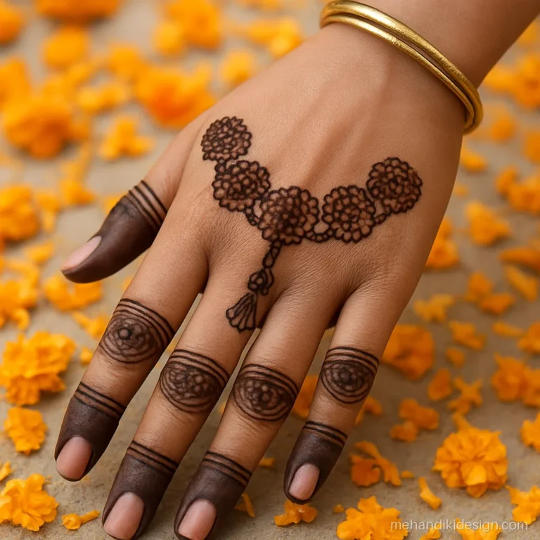 Beautiful festival mehndi with a marigold garland draped across the back hand