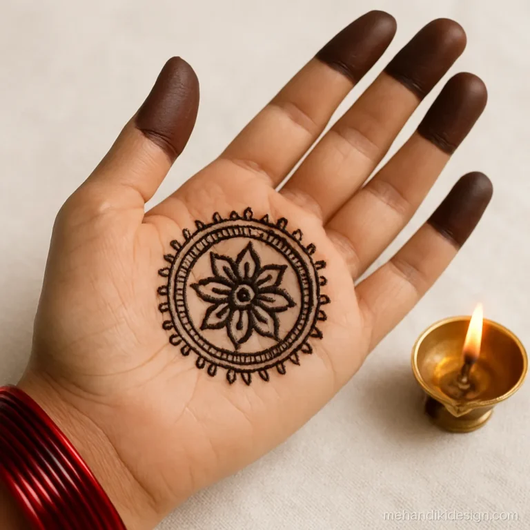 Mehandi design beautiful for festivals with a rangoli style pattern in the palm