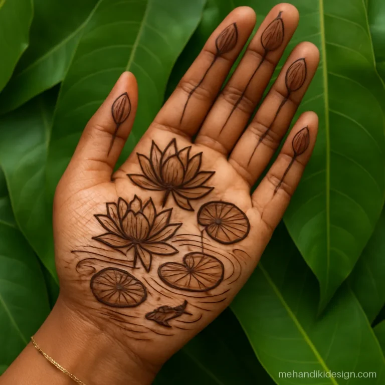 Beautiful mehandi design with a lotus pond scene across the palm
