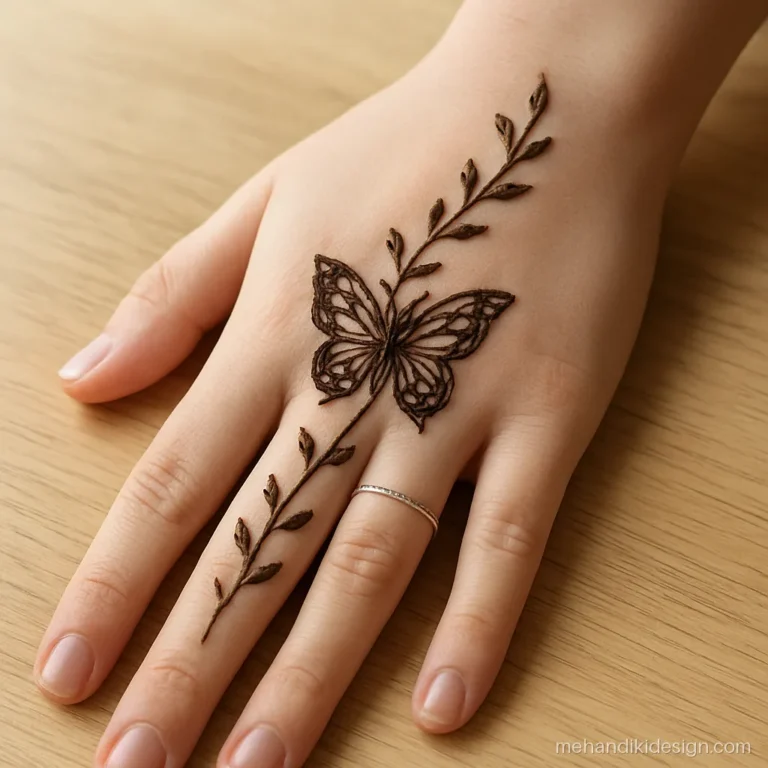 Beautiful mehandi designs easy with a butterfly resting on a vine