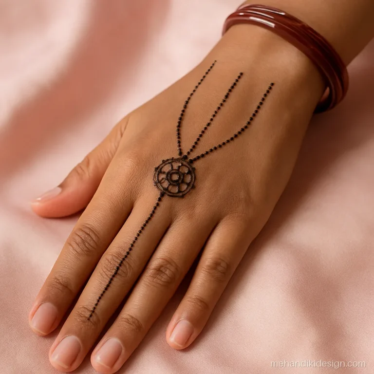Simple and beautiful mehandi back hand with three hanging chains to a medallion