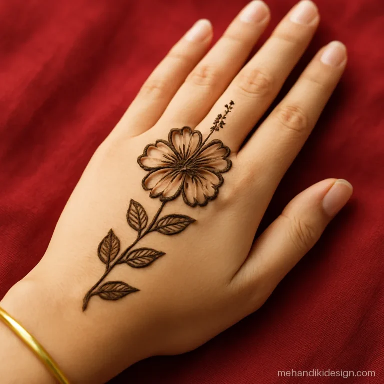Mehendi back design simple and beautiful with a hibiscus on the index knuckle