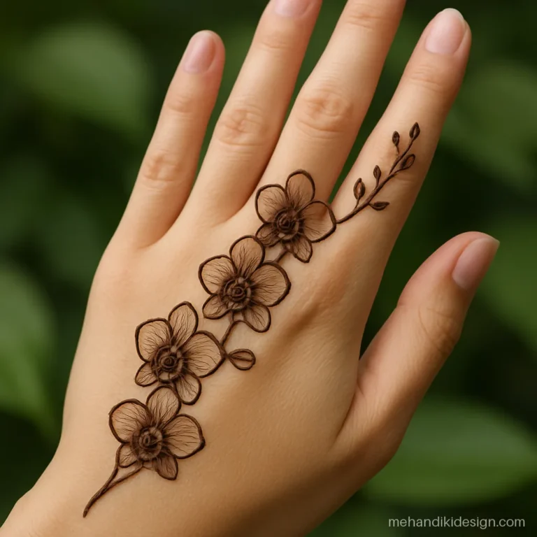 Beautiful mehendi designs back hand with an orchid spray from wrist to finger