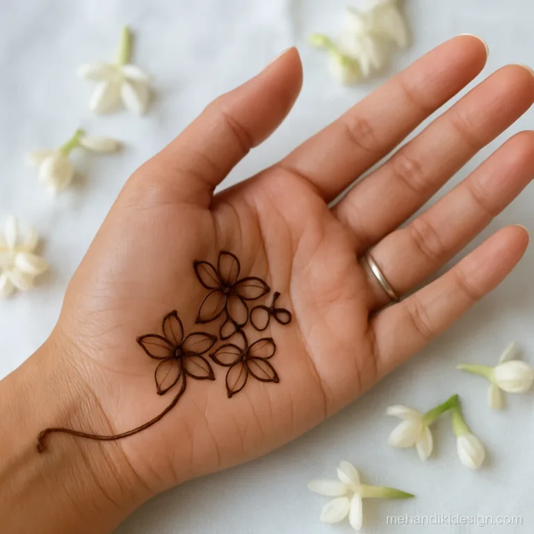 Beautiful mehandi design front hand with a jasmine bunch near the thumb