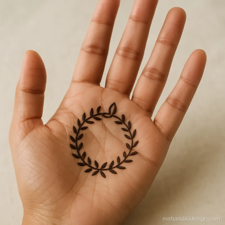 Mehndi design easy and beautiful with an open leaf wreath in the centre of the palm