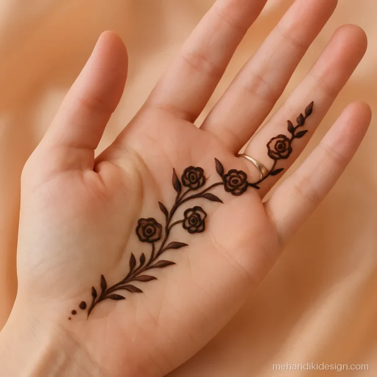 Simple easy front hand beautiful mehendi design with roses on an S curve vine