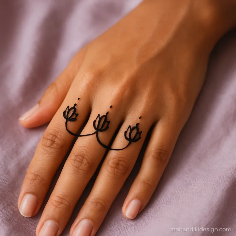 Minimal beautiful mehendi with three lotus buds on the middle knuckles