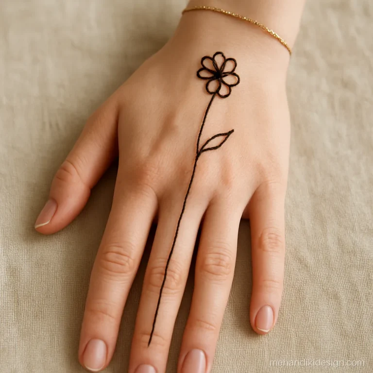 Beautiful minimal mehndi with a one line flower drawn from wrist to middle finger